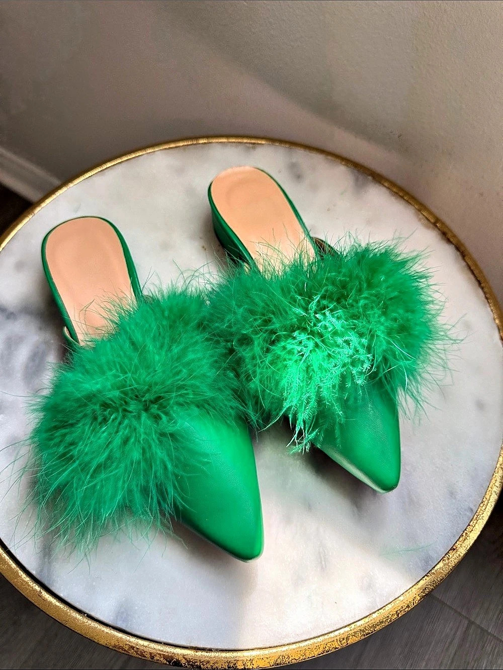 Feather Trim Green Mules flats